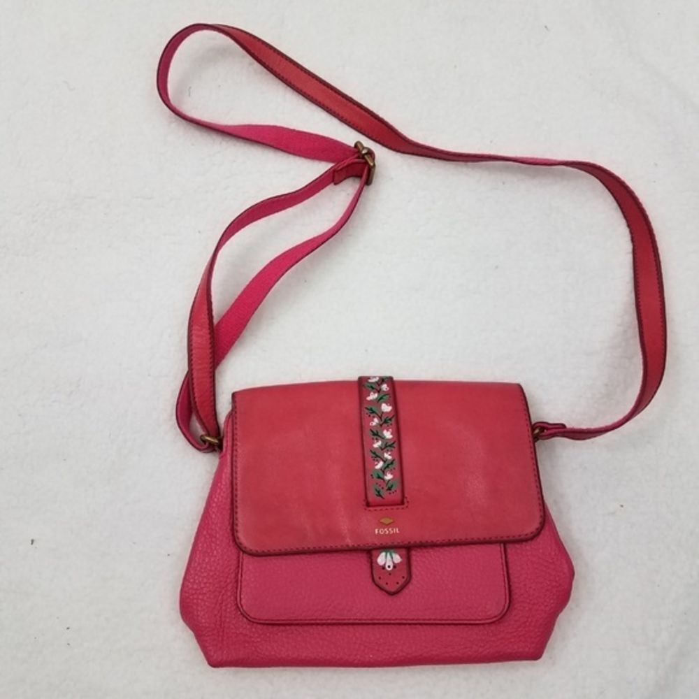 Fossil Crossbody Leather Purse Barbie Pink‎ Floral White Small Bag Handbag
